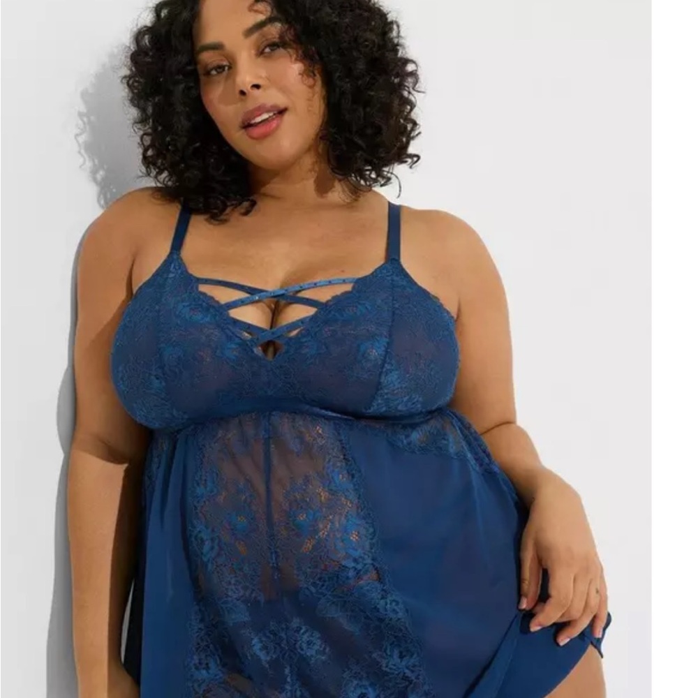 NWT 2x Torrid Glam Lace Lingerie Set Babydoll and Matching Tenga in Estate Blue